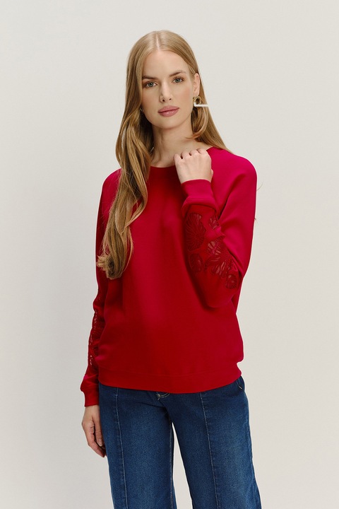 GreenPoint, Bluza de trening cu aplicatii florale, Rosu