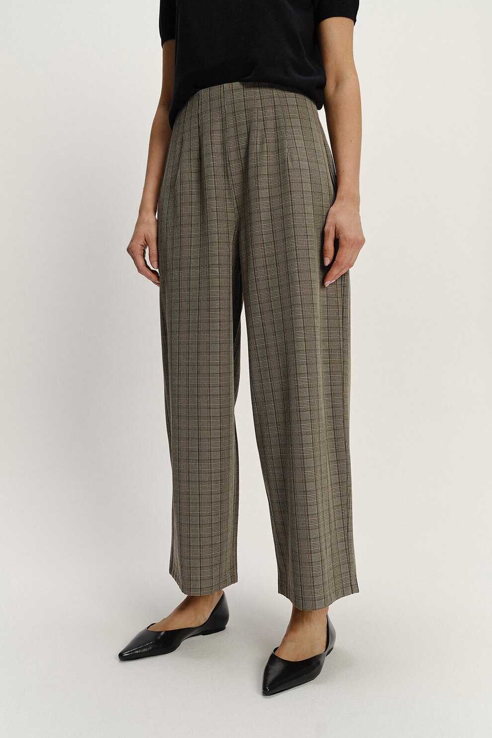 GreenPoint, Pantaloni in carouri cu croiala ampla, din amestec de modal, Maro taupe, 34