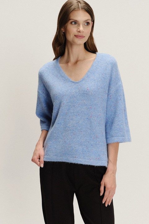 GreenPoint, Pulover cu decolteu in V si maneci cazute, Albastru pastel