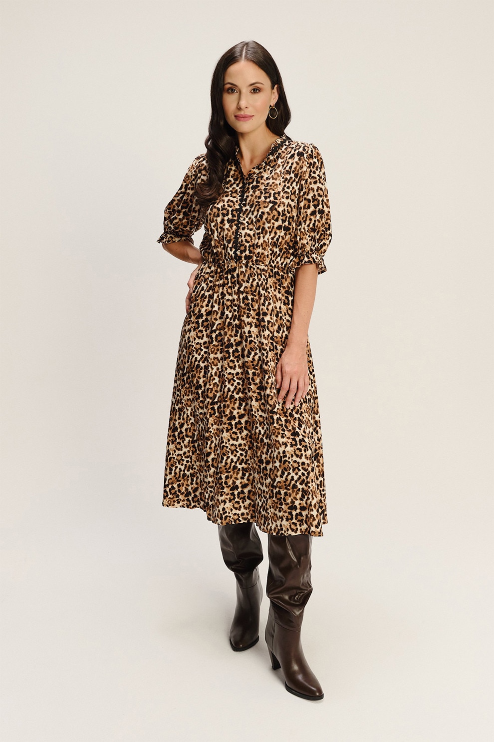 GreenPoint, Rochie din amestec de modal cu animal print si maneci medii, Maro, Camel, 38