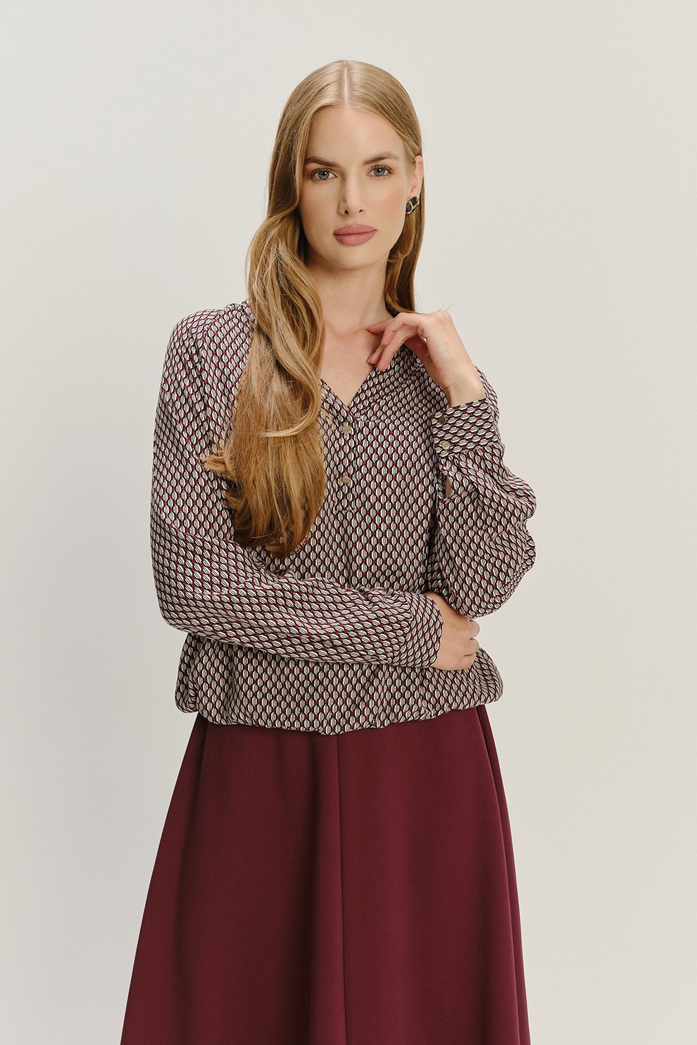 GreenPoint, Camasa cu model geometric, Rosu, Negru, Alb murdar, 36