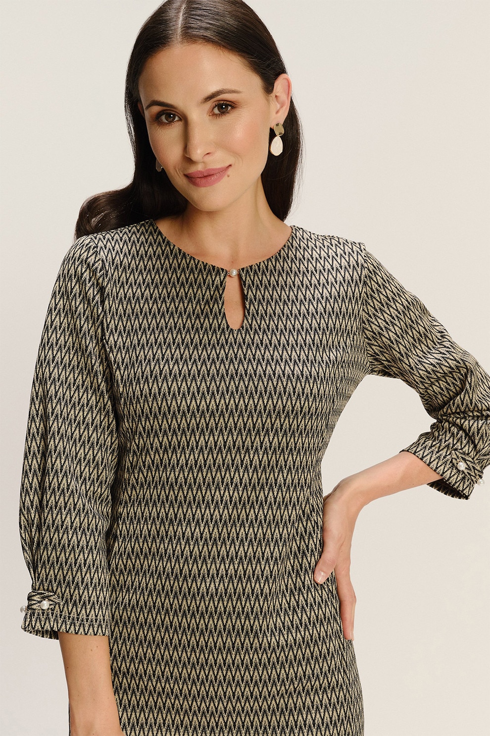 GreenPoint, Rochie scurta din amestec de modal cu model si buzunare laterale, Negru, Bej deschis, XXL