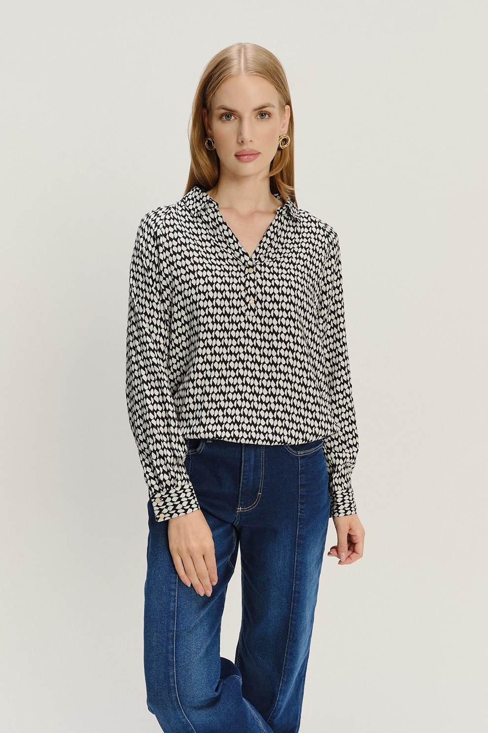 GreenPoint, Camasa cu model geometric, Negru, Alb murdar, 36