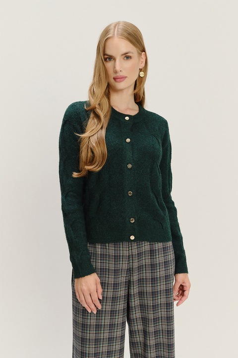 GreenPoint, Cardigan texturat cu nasturi, Verde inchis