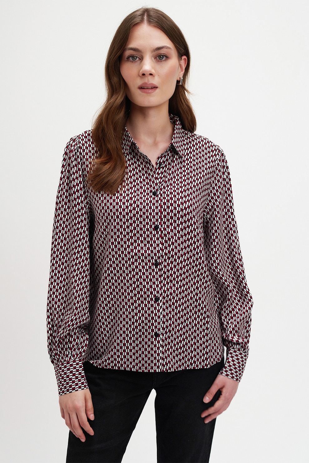 Top Secret, Camasa cu model si guler clasic, Rosu, Alb, Negru, 34