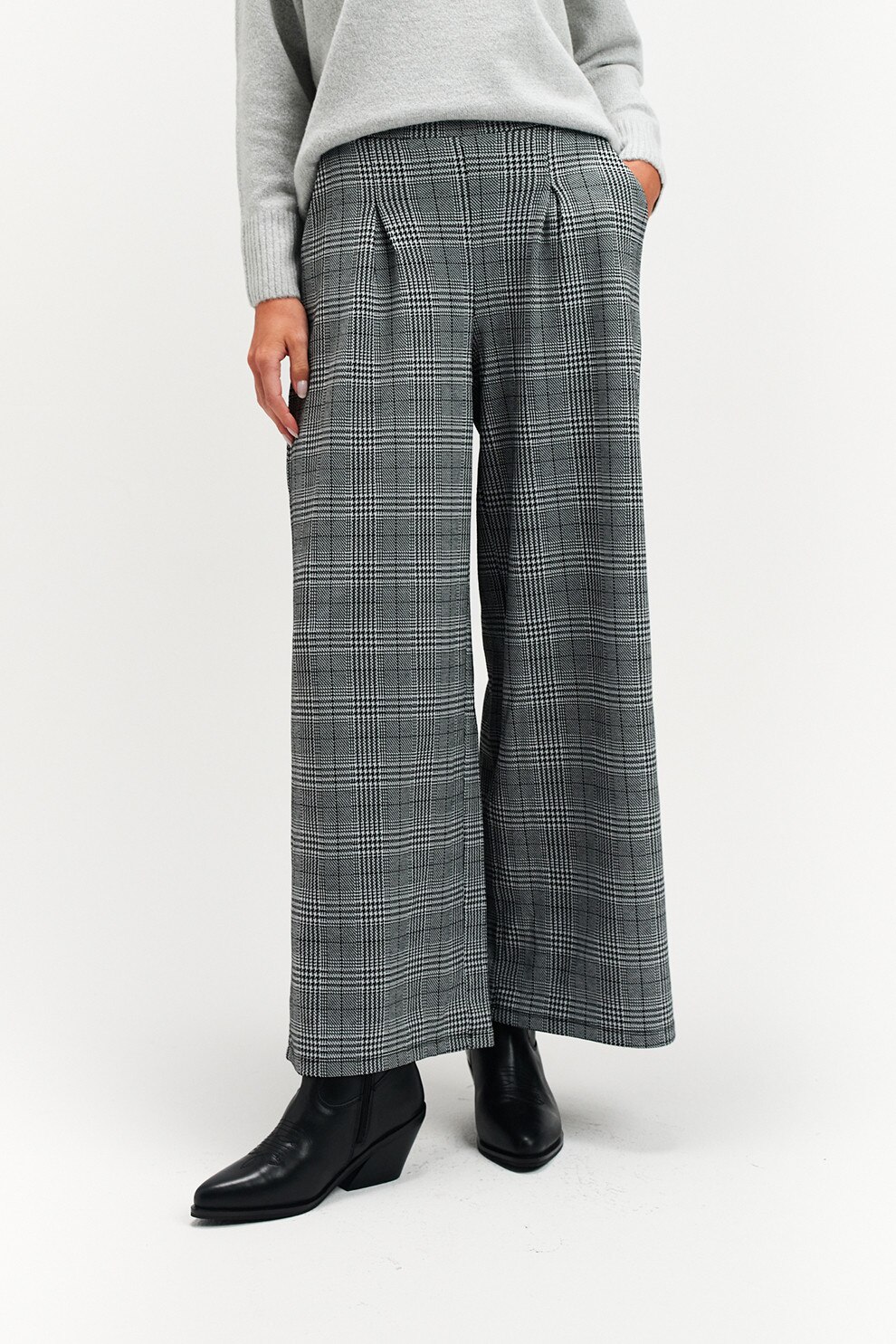 Top Secret, Pantaloni in carouri cu talie inalta, Alb optic, Gri deschis melange, 38