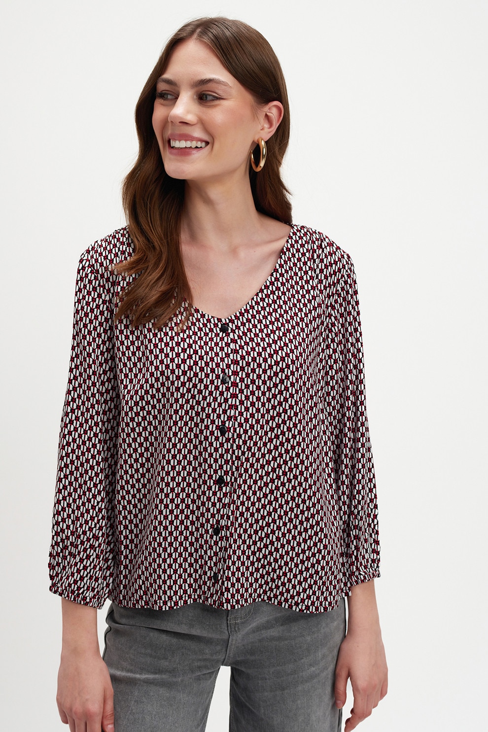 Top Secret, Bluza cu decolteu in V si mansete elastice, Rosu, Negru, Alb optic, 36