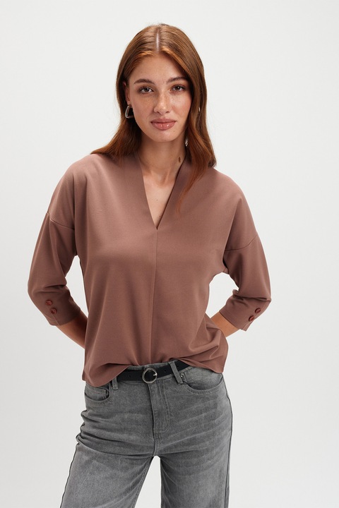 Top Secret, Bluza cu decolteu in V si maneci 3/4, Maro deschis
