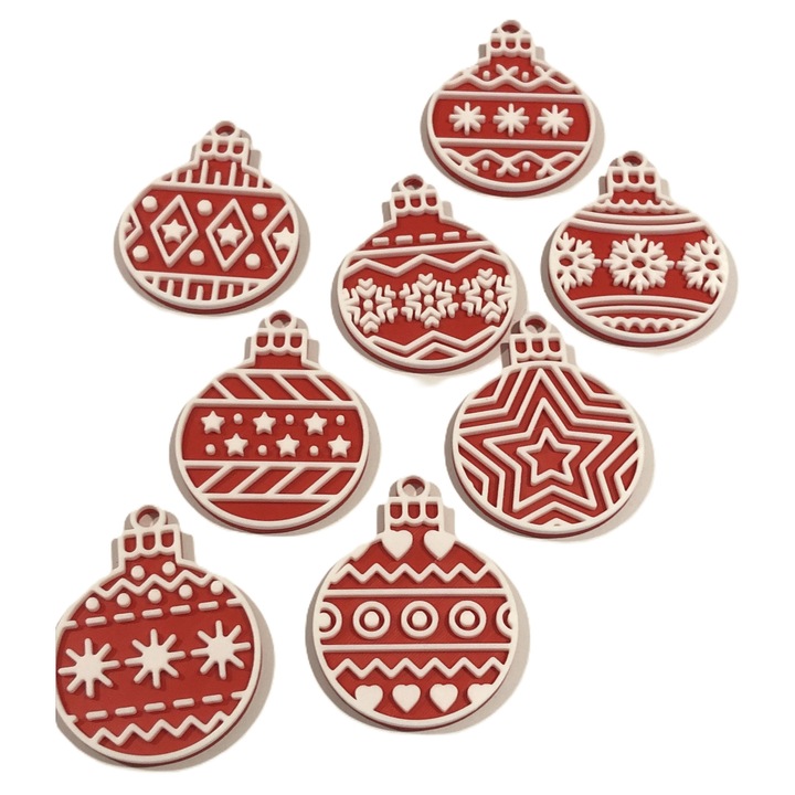 Set 8 decoratiuni Craciun – Fulgi de zapada 3D albi/rosu, ornament brad si fereastra, printate 3D, Dual Stax™®