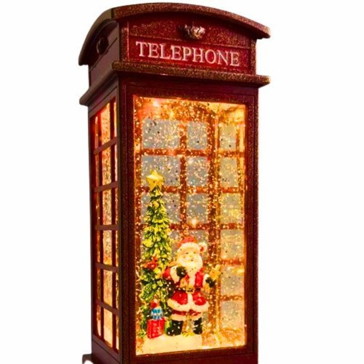 Cabina telefonica londoneza cu Mos Craciun, decor de Craciun, fulgi de nea, lumina calda, melodii de sezon si efect de ninsoare, 9 melodii, 27 cm, led, USB sau baterii