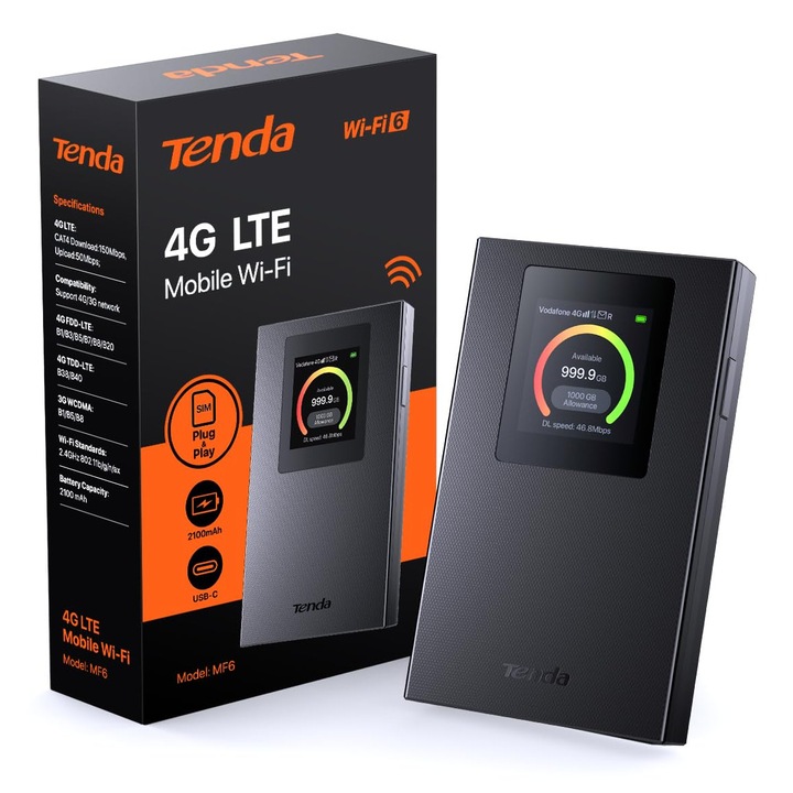 Tenda Mobil WiFi Router, Hordozható Hotspot Wi-Fi 6, 2100mAh, USB-C, mini méret