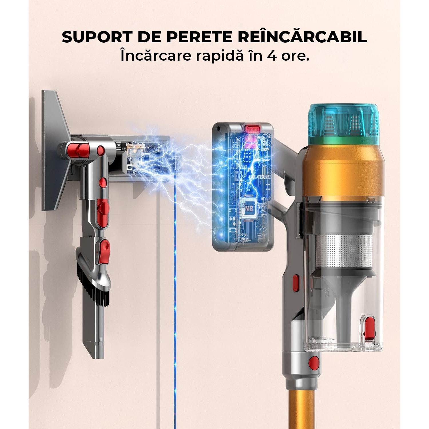 Aspirator Vertical Fara Fir OVELY 600W, 55Kpa, Autonomie pana la 60 de minute, Ecran OLED Color, Sistem Anti-Incalzire, Montare pe Perete, Ideal pentru Podele Dure, Covoare, Masina, Par de Animale