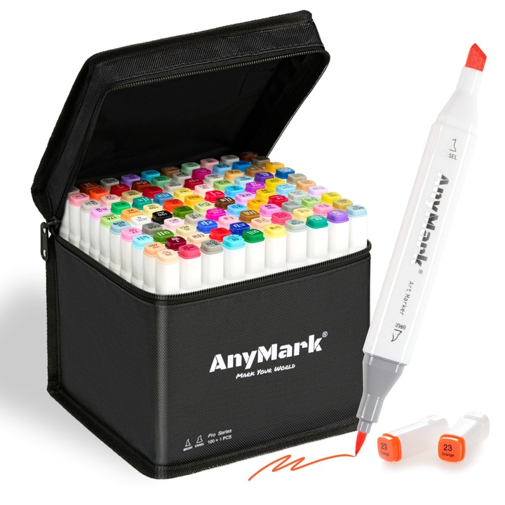 Комплект маркери на алкохолна основа AnyMark, 100 цвята, двоен връх с четка и длето, многоцветен