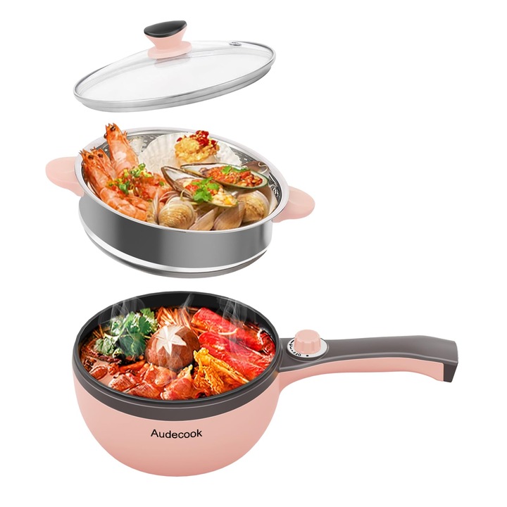 Audecook elektromos gőzfőző, 1,5 L, többfunkciós, rózsaszín, 20 cm