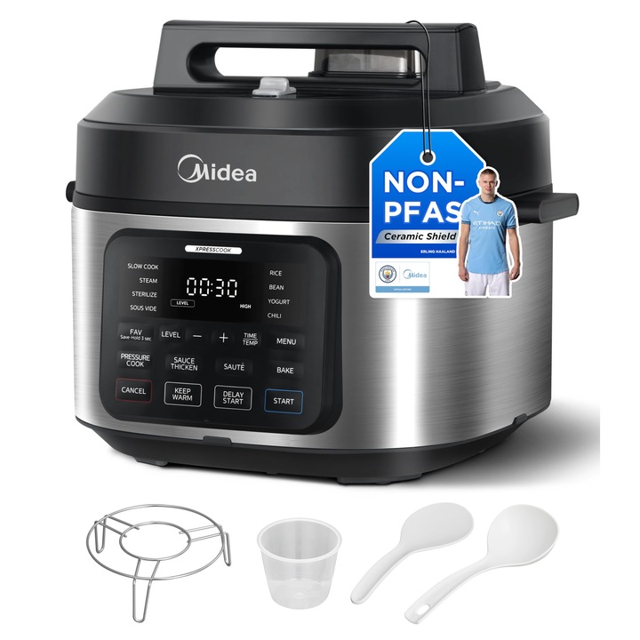 Multicooker Midea 9 în 1, 6L, oala sub presiune electrică, inox periat și negru