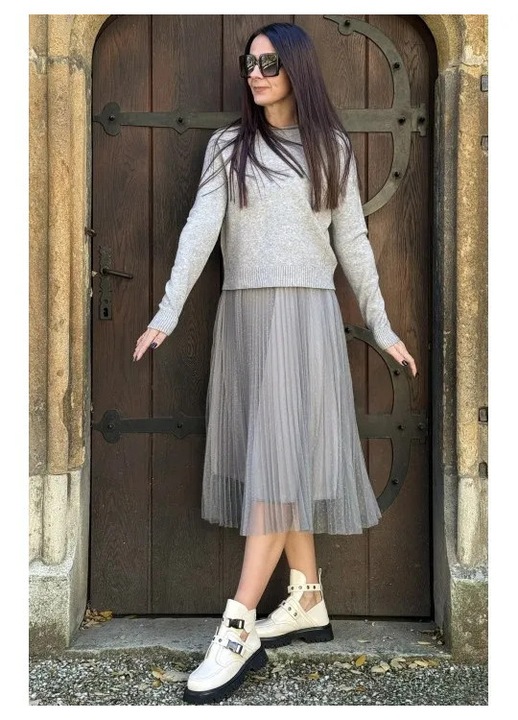 ROCHIE LUNGA 2 PIESE TRICOT SI TUL CU BULINE DOTS GRI, Gri, One Size