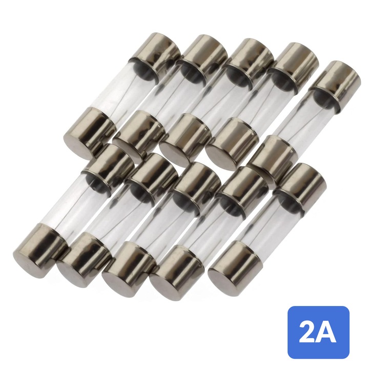 Set 10 bucati sigurante fuzibile rapide 2A, 5x20 mm, din sticla, capete din metal