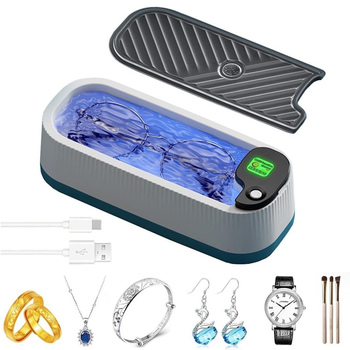 Ultrahangos tisztítóberendezés, Bedee, 45000Hz, 300ml, 3 tisztítási mód, Szemüveg, óra, ékszer, fülbevaló tisztító, USB töltés, Időzítő funkció, 8.5x6.8x20.5cm, Fehér