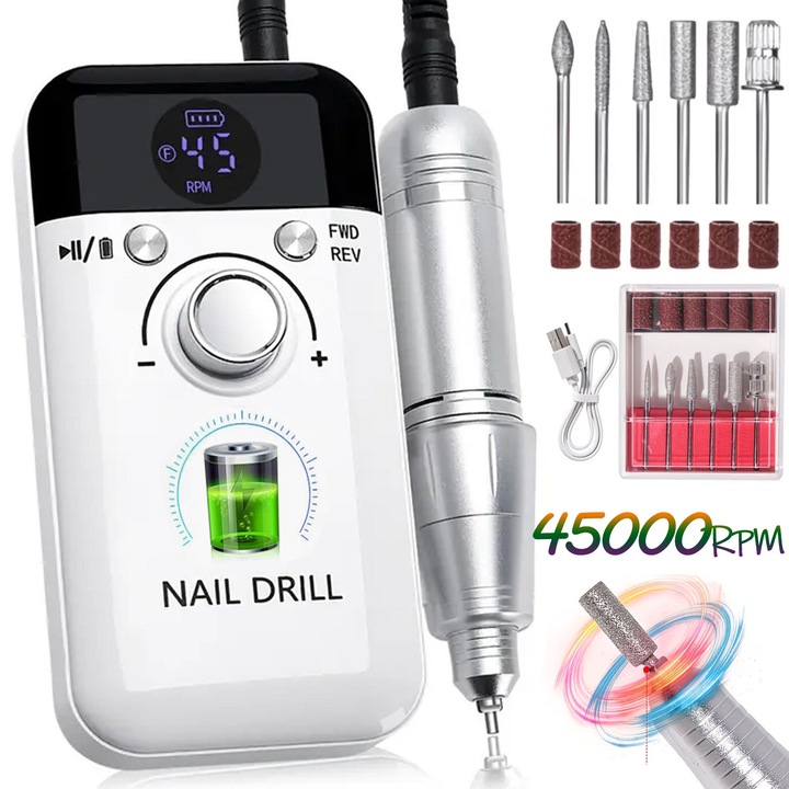 Freza Unghii Electrica Profesionala 45000RPM, Portabila, Afisaj Digital, Zgomot Redus, Vibratii Reduse, Pentru Manichiura Pedichiura, Gel si Acrilic, Alb