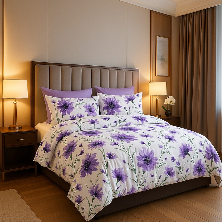 ELVO dupla ágyneműgarnitúra, 4 részes, lepedő 230x250 cm, paplan 200x230 cm, 2 párnahuzat 50x70 cm, Virágok Fehér / Lila