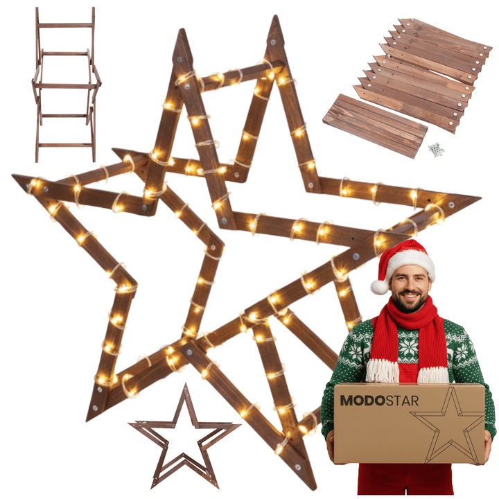 Set de decoratiuni Craciun MODO24, stele 3D din lemn, 114 cm, colorate, usor de montat