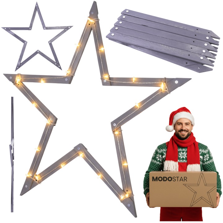 Set de decoratiuni Craciun MODO24, stea 3D, 114 cm, color natural, din lemn impregnat