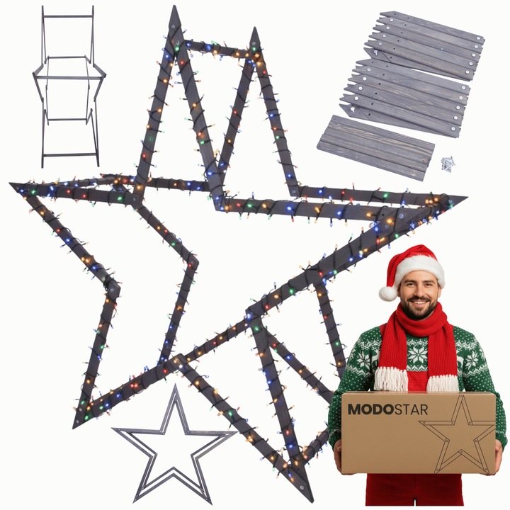 Set de decoratiuni Craciun MODO24, stele 3D din lemn, 189 cm, colorate, impermeabilizate