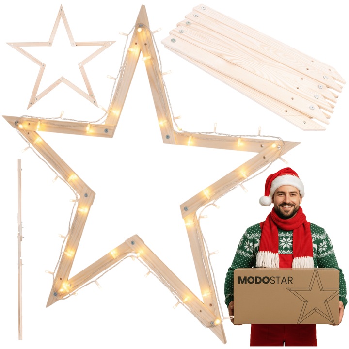 Set de decoratiuni Craciun MODO24, stele 3D, 114 cm, naturale, usor de montat