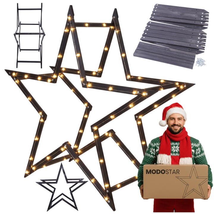 Set de decoratiuni Craciun MODO24, stea 3D, 139 cm, neagra, din lemn, usor de montat