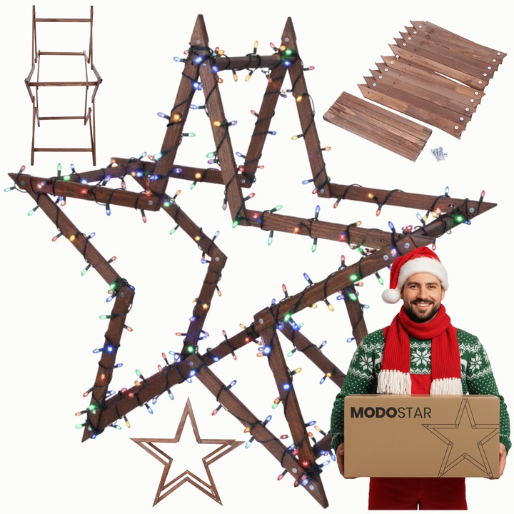 Set de decoratiuni Craciun MODO24, stele 3D din lemn, 139 cm, colorate, usor de montat