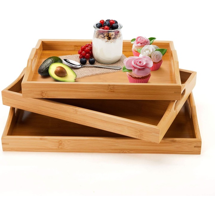 Set 3 Tavi servire, Superbe, Multifunctionale, Bambus, Culoare Natur, Dimensiuni: 41,4x31,2cm, 36,8x26,6cm, 33x22,8cm