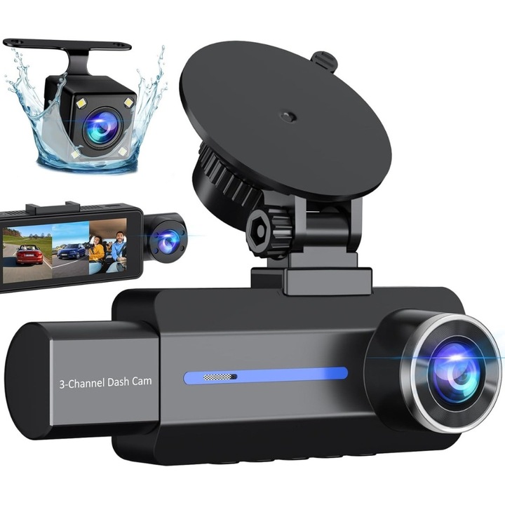 Camera Auto Tripla DVR Trevix™, Inregistrare Video QHD 2.5K, HDR/WDR, Unghi Larg Filmare 170°, Display LCD 3.16", Inregistrare in Bucla, Night Vision, Monitorizare Parcare, Senzor Coliziune, Camera Marsarier + Interior, Negru