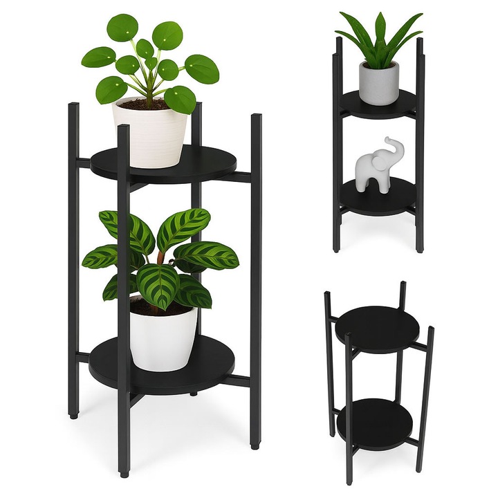 Suport pentru flori ModernHome, 2 niveluri, metal, negru, 35x35x61,5cm