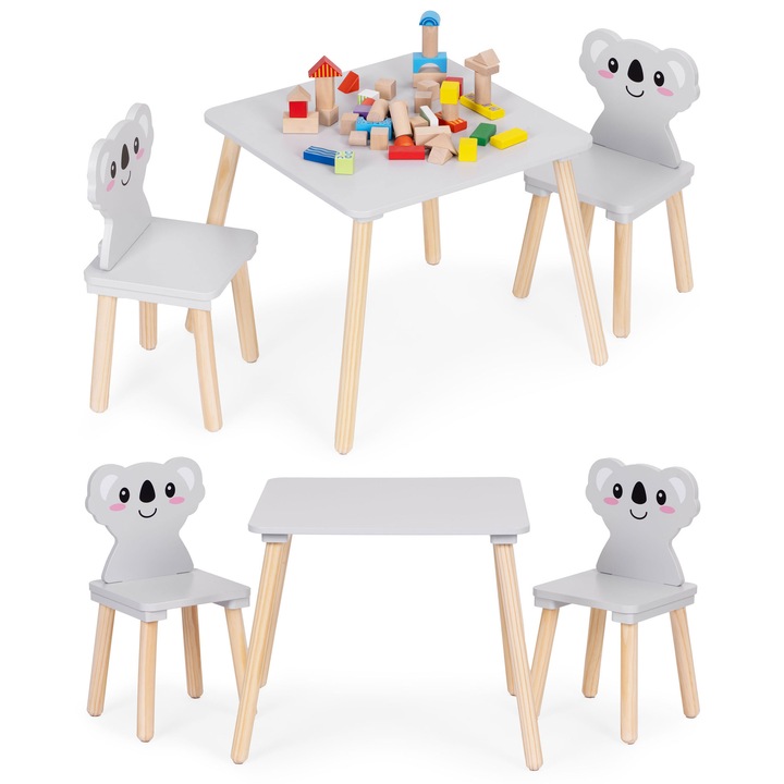 ECOTOYS Gyerekbútor szett, asztal + 2 szék, koala, fa, MDF, 57,5x56,5x15,5 cm