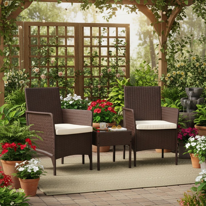 Set Mobilier Gradina 2 Persoane Maxibuy.ro, Set Masa si Fotolii Terasa Exterior, Perne Incluse, Blat Sticla Securizata 5 mm, Plastic Tip Ratan, Mobilier Gradina Balcon Curte, Maro