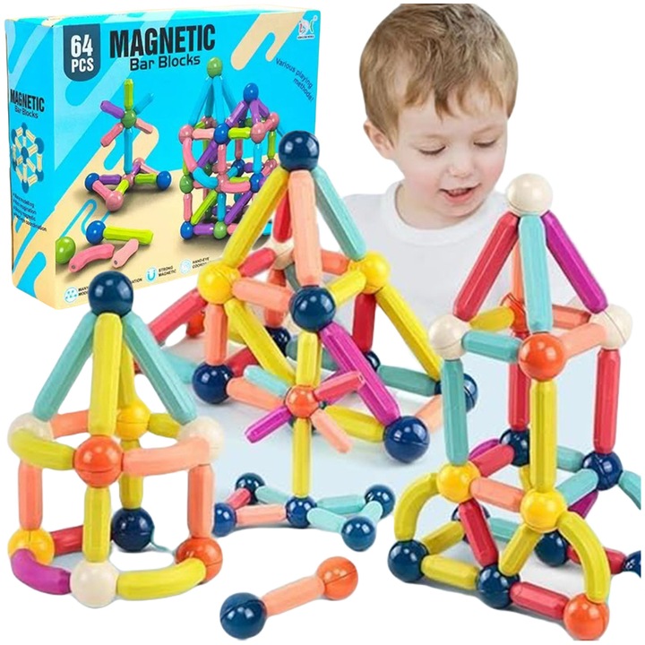 Set de constructie magnetice BetterToys, Klocki Sticks, 64 elemente, multicolor, 28x22x7,5cm