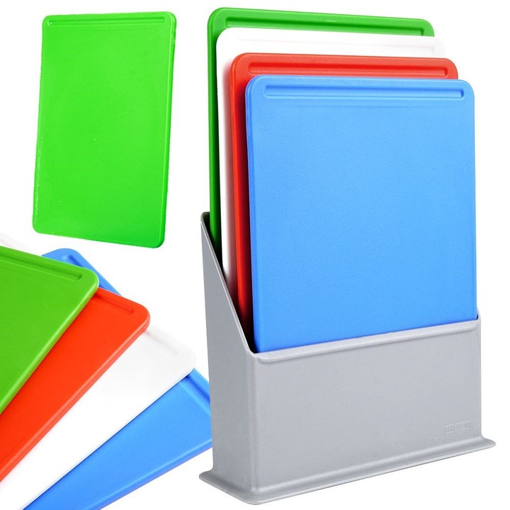 Set De 4 Tavite Pentru Taiat Cu Suport, Excellent Houseware, 20.5x15x0.5 cm, Fabricate Din Material De Inalta Calitate, Rezistente La Temperaturi De Pana La 70°C, Pot Fi Spalate In Masina De Spalat Vase, Multicolore