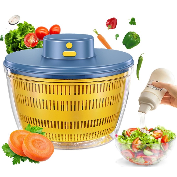 E-Greetshopping elektromos salátacentrifuga, 4L, automata, fedél, 350ml-es összenyomható flakonnal