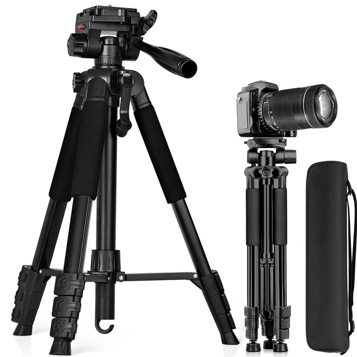 Статив за снимки, телескопичен, 46-151 см, за камера/телефон, с чанта за пътуване и държач за телефон, универсален, въртене на 360° хоризонтално и 180° вертикално, черен
