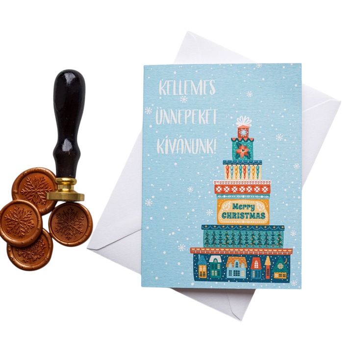 Felicitare de Crăciun, tip carte, limba maghiară, 10,5x14,7cm, 250g