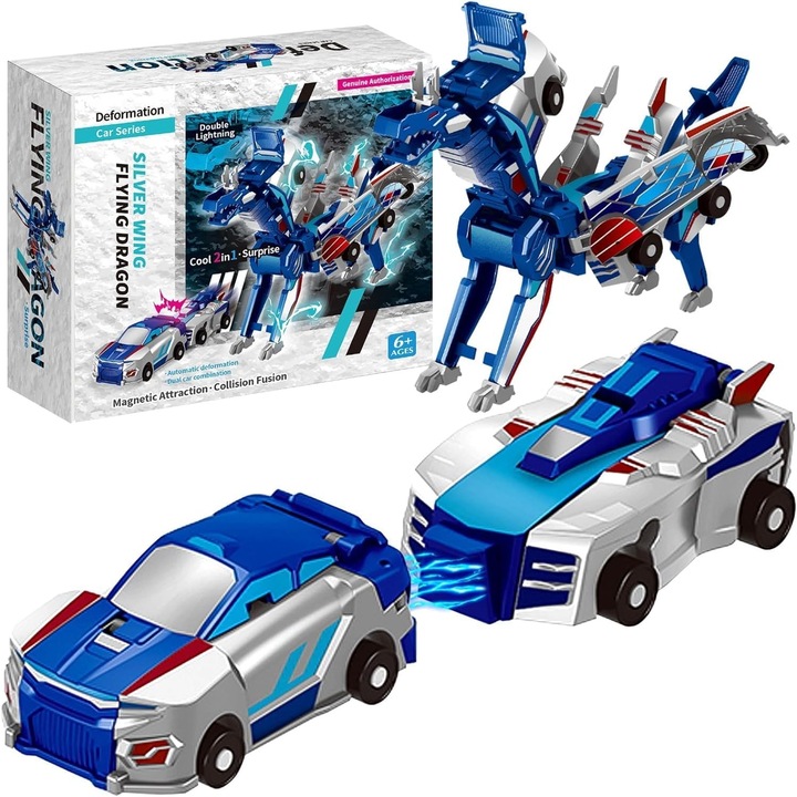 Трансформираща се играчка 2в1, Flippy, Летящ дракон Сребърно крило, Кола/Дракон, Магнитна атракция, +6 години, от ABS, Син