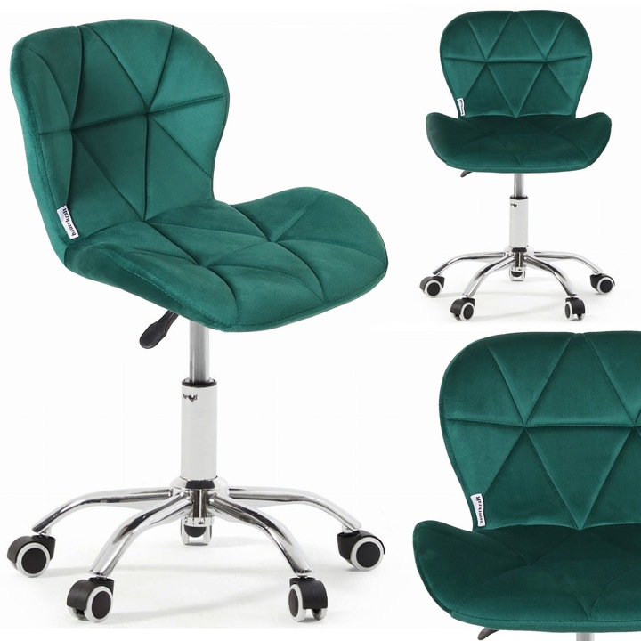 Въртящ се офис стол, кадифена тапицерия, геометричен дизайн, хромиран, 360°