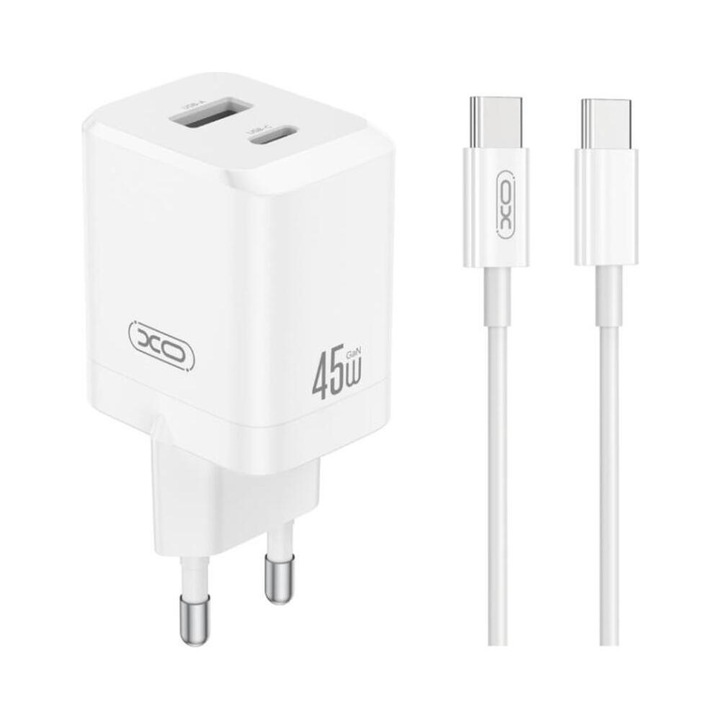 Set Incarcator retea XO CE36 (GaN) Alb cu cablu de date/incarcare TipC si adaptor 45W TipC PD + USB QC, Universal, Design Compact, Protectii Multiple