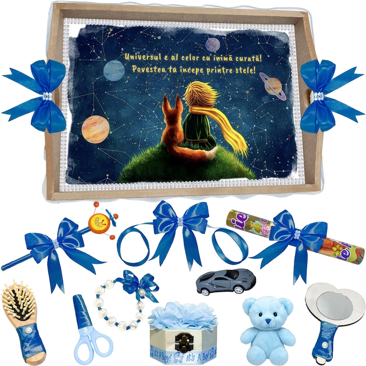 Set Tava pentru Taiere Mot si Rupere Turta Complet cu Accesorii Lorebebe pentru baieti, 11 Piese, Tavita Mot, Model Prienteni Universali, 32x24 cm, Prima Aniversare Un An, Cadou Un An, Albastru