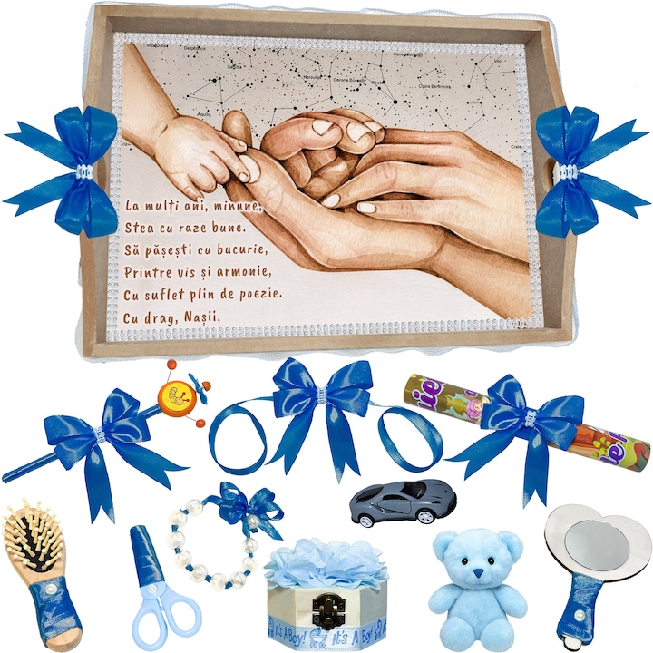 Set Tava pentru Taiere Mot si Rupere Turta Complet cu Accesorii Lorebebe pentru baieti, 11 Piese, Tavita Mot, Model Caldura Atingerii, 32x24 cm, Prima Aniversare Un An, Cadou Un An, Albastru