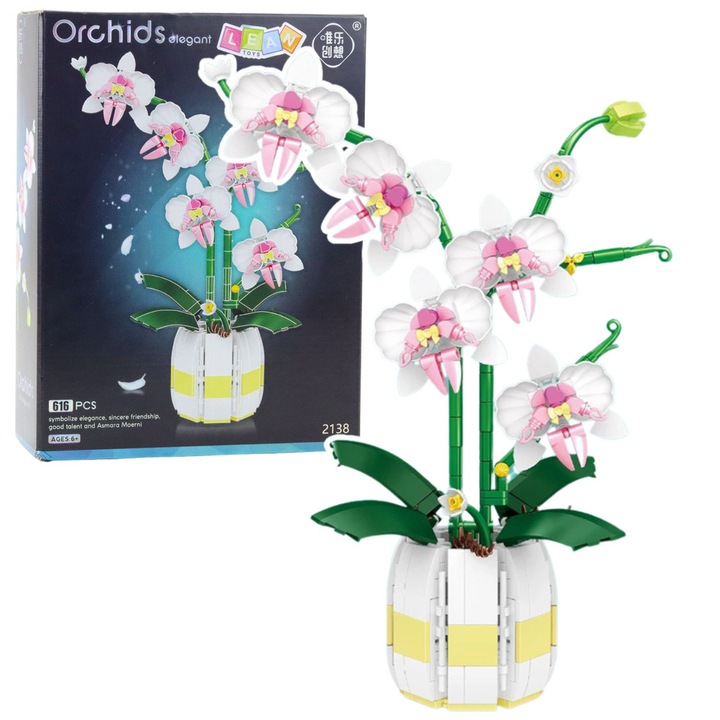 Set de constructie, LEAN Toys, Orchidee roz si alb, 616 elemente, 24,5x17,5x12,5cm