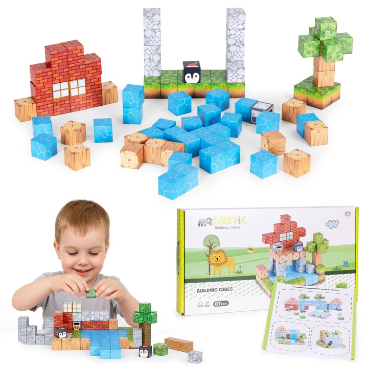 Set de constructie, MULTISTORE, 87 elemente, cuburi magnetice, 2,5x2,5x2,5cm, pentru copii peste 3 ani