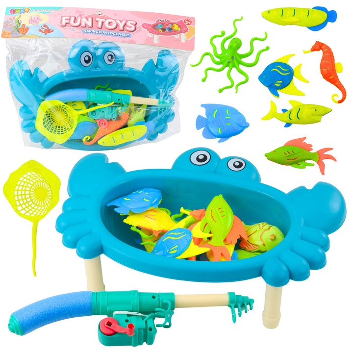 Set de joaca pentru pescuit, LEAN Toys, masa crab, 10 pesti colorati, albastru, 37x25x8,5cm