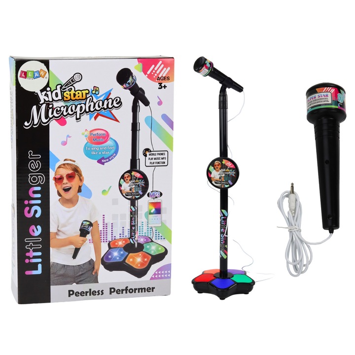 Mikrofon cu stativ pentru copii, LEAN Toys, negru, 1m x 21cm, set inclus