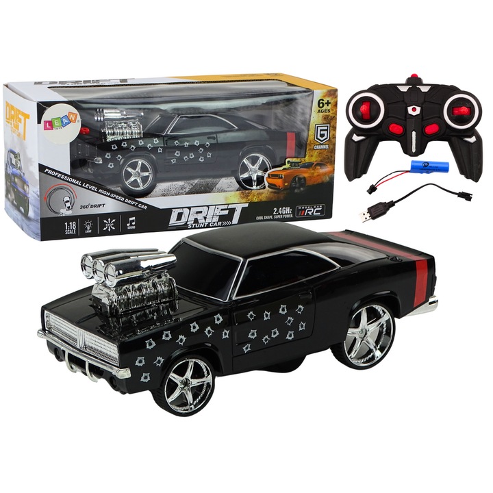 Кола с дистанционно управление LEAN Toys 1:18, Drift 360, черна, 23x10x8,5 см, със светлини и звуци